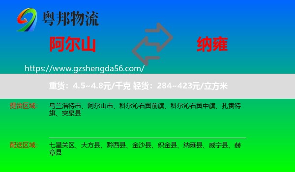 阿尔山市到纳雍县物流专线