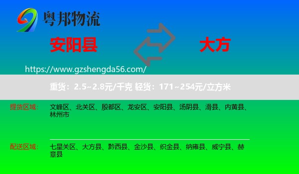 安阳县到大方县物流专线