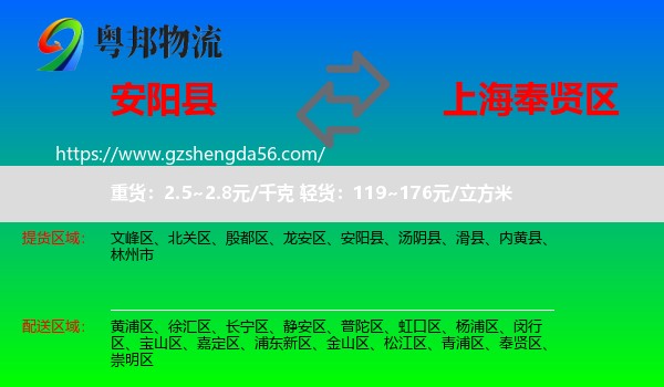 安阳县到奉贤区物流专线