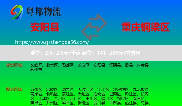 安阳县到铜梁区物流专线