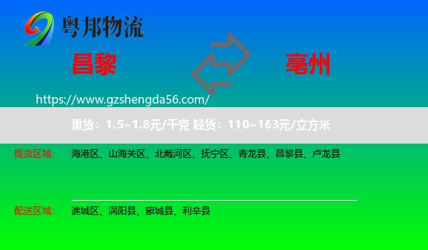 昌黎县到亳州物流