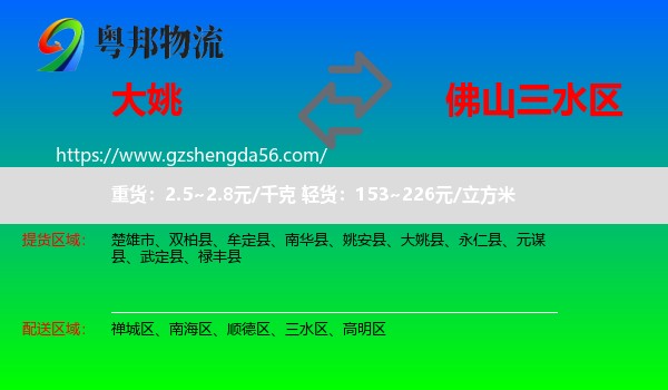 大姚县到三水区物流专线