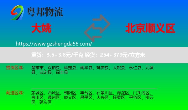 大姚县到顺义区物流专线