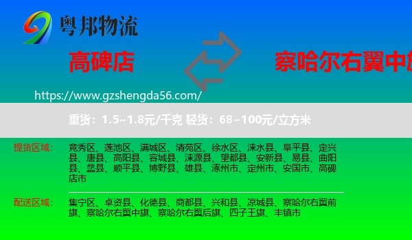 高碑店市到察哈尔右翼中旗物流专线