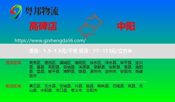 高碑店市到中阳县物流专线