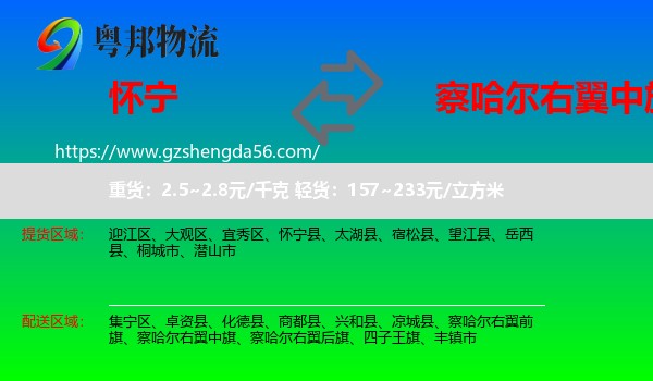 怀宁县到察哈尔右翼中旗物流专线