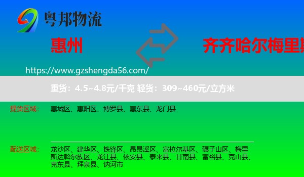惠州到梅里斯达斡尔族区物流专线