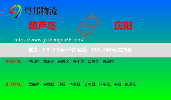 葫芦岛到庆阳物流