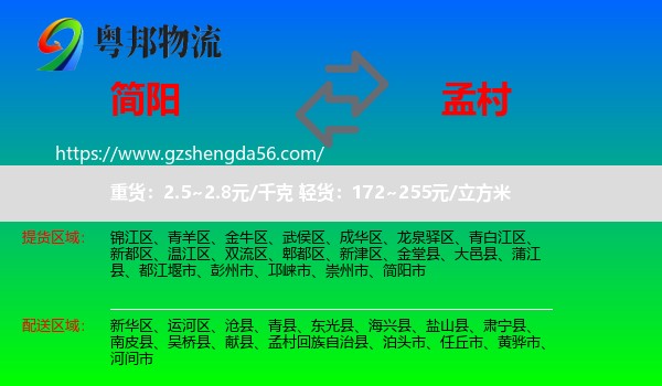 简阳市到孟村回族自治县物流专线