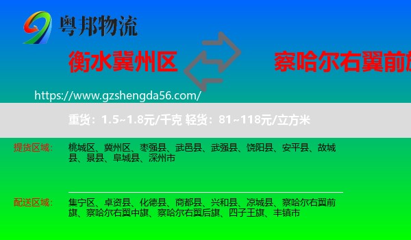 冀州区到察哈尔右翼前旗物流专线