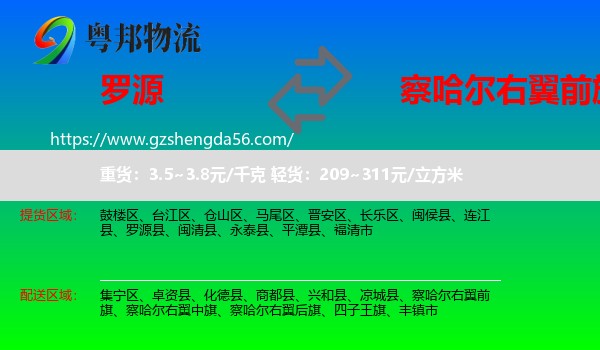罗源县到察哈尔右翼前旗物流专线