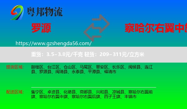 罗源县到察哈尔右翼中旗物流专线