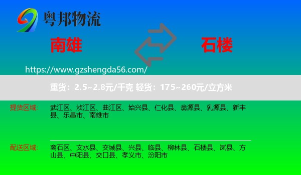 南雄市到石楼县物流专线