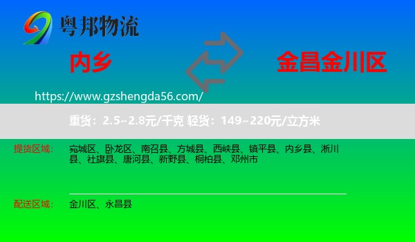 内乡县到金川区物流专线