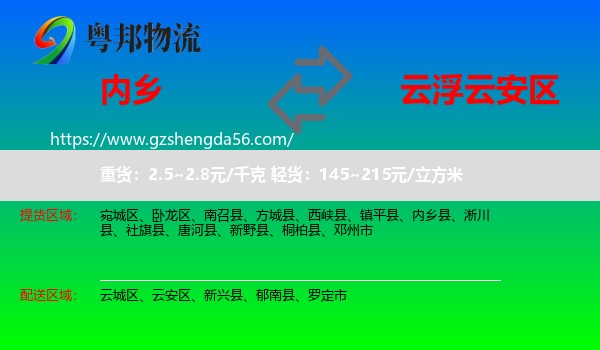 内乡县到云安区物流专线