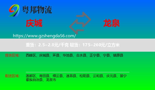 庆城县到龙泉市物流专线