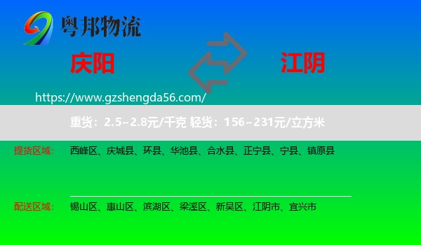 庆阳到江阴市物流专线