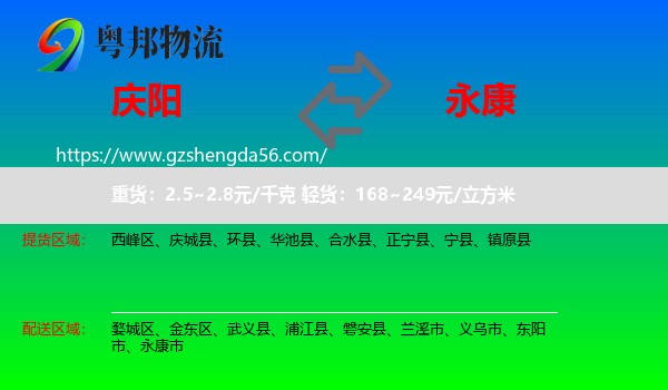 庆阳到永康市物流专线