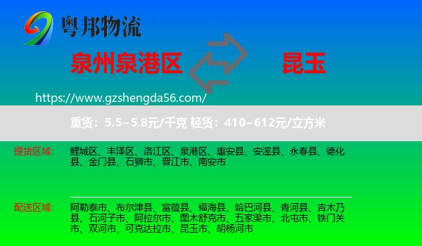 泉港区到昆玉市物流专线