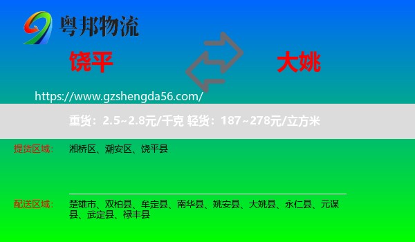 饶平县到大姚县物流专线