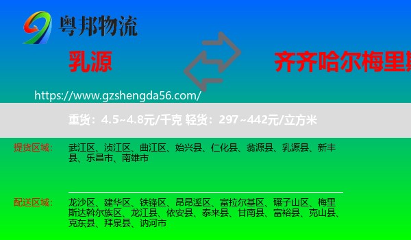 乳源县到梅里斯达斡尔族区物流专线