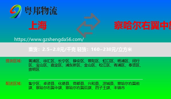 上海到察哈尔右翼中旗物流专线