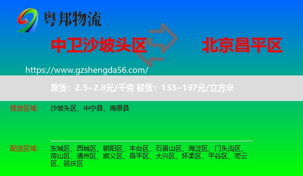 沙坡头区到昌平区物流专线