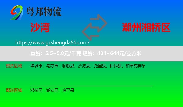 沙湾县到湘桥区物流专线