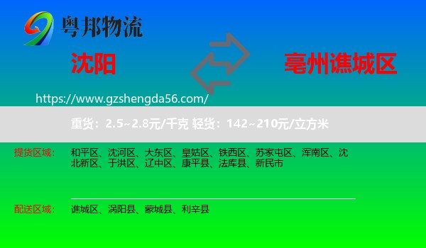 沈阳到谯城区物流专线