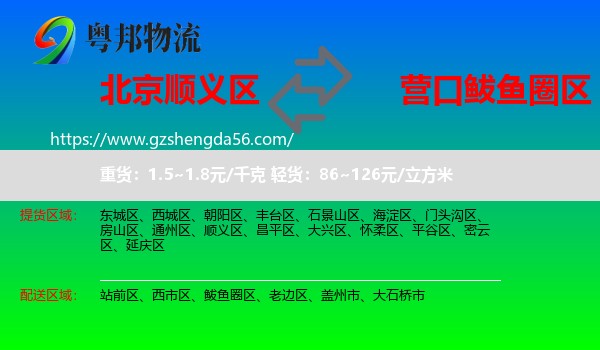 顺义区到鲅鱼圈区物流专线