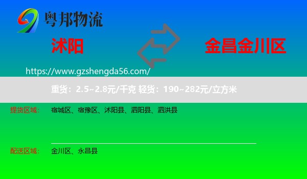 沭阳县到金川区物流专线