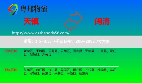 天镇县到闽清县物流专线