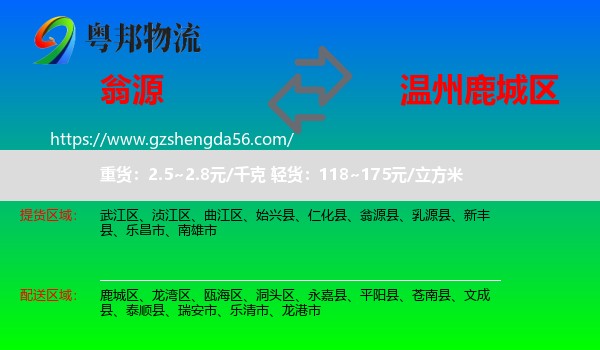翁源县到鹿城区物流专线