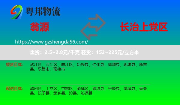 翁源县到上党区物流专线
