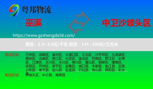 巫溪县到沙坡头区物流专线
