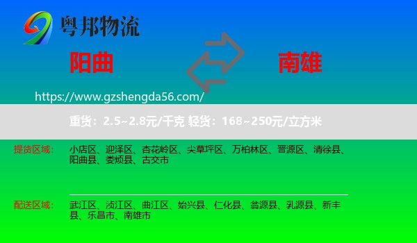阳曲县到南雄市物流专线