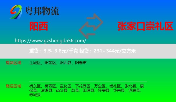 阳西县到崇礼区物流专线