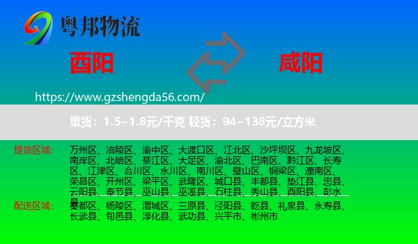 酉阳县到咸阳物流专线