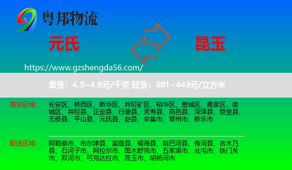 元氏县到昆玉市物流专线