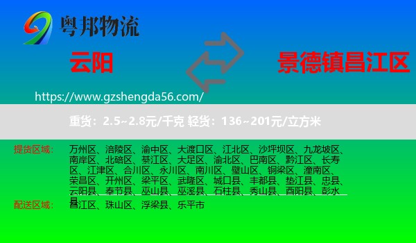 云阳县到昌江区物流专线