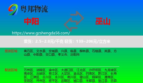 中阳县到巫山县物流专线