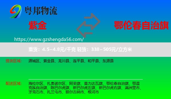 紫金县到鄂伦春自治旗物流专线