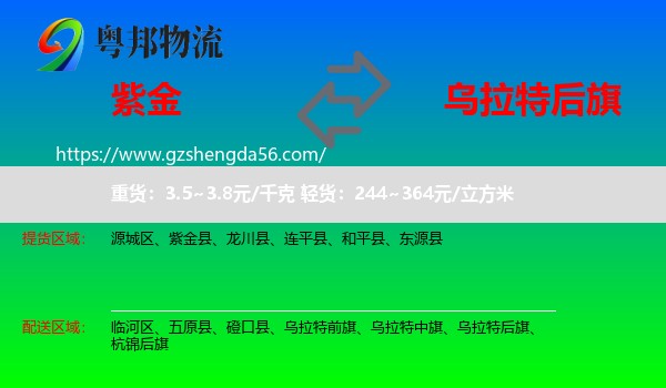 紫金县到乌拉特后旗物流专线